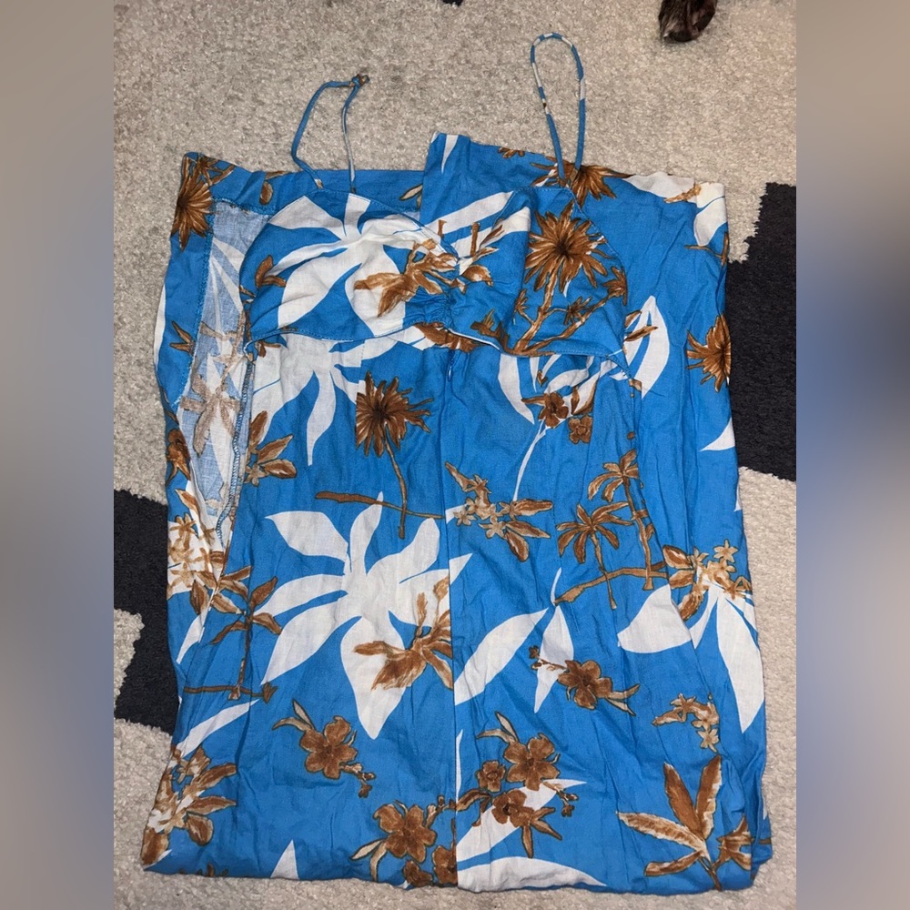 Zara size S blue and brown palm tree summer dress .
